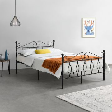 Fémkeretes ágy Apolda 140 x 200 cm porszórt (szinterezett) acél váz fekete, matt dekoratív fej-és lábrész dupla ágy [en.casa]®