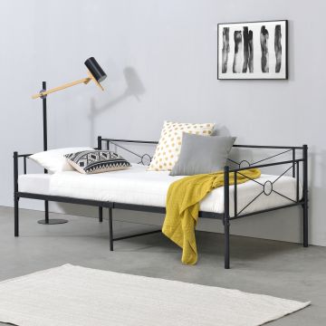 [en.casa]® Fémkeretes ágy 90x200 cm egyszemélyes dizájn ágykeret fej-és ágyvéggel ágyráccsal acélváz több színben 