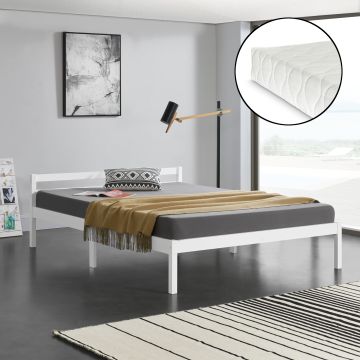 Ágykeret Nakkila ágyráccsal és matraccal fenyőfa 140x200 cm duplaágy  egyszerű faágy fejtámlával matt fehér [en.casa]® 