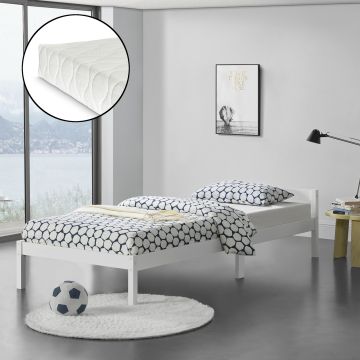 Ágykeret Nakkila ágyráccsal és matraccal fenyőfa 90x200 cm egyszemélyes egyszerű faágy fejtámlával matt fehér [en.casa]® 