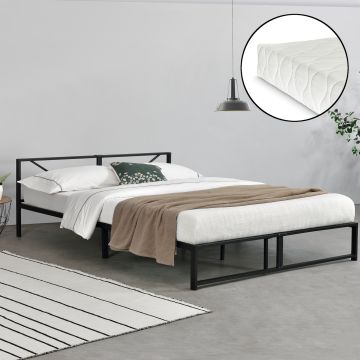 Fémkeretes ágy Meran 180 x 200 cm szinterezett acél, 300 Kg fekete ágyráccsal karc-és ütésmentes, kopásálló 1 személyes hideghabos matraccal [en.casa]®
