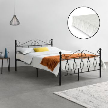 Fémkeretes ágy Apolda 140 x 200 cm porszórt (szinterezett) acél váz fekete, matt dekoratív fej-és lábrész dupla ágy hideghabos matraccal [en.casa]® 