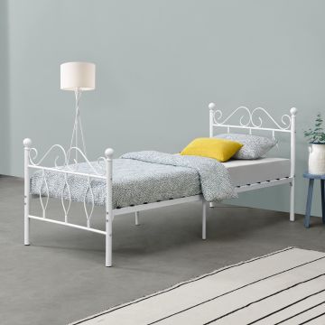Fémkeretes ágy Apolda 90 x 200 cm porszórt (szinterezett) acél váz fehér, matt dekoratív fej-és lábrész egyszemélyes ágy [en.casa]® 