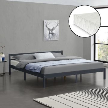Ágykeret Nakkila ágyráccsal és matraccal fenyőfa 180x200 cm duplaágy  egyszerű faágy fejtámlával matt sötétszürke [en.casa]® 