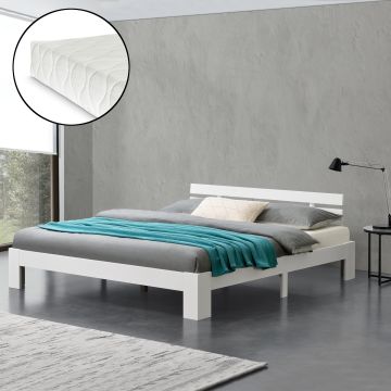 Fenyőfa ágykeret ágyráccsal Nivala matraccal 180x200 cm fehér [en.casa]