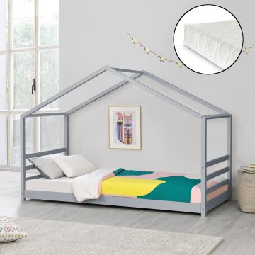 Házikó ágy Vardø matraccal 90x200 szürke [en.casa]