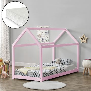 [en.casa]® Gyermekágy kiságy matraccal házikó formájú 90 x 200 cm rózsaszín