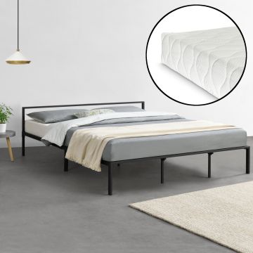Fémkeretes ágy ágyráccsal és matraccal 180x200cm minimalista stílusú fekete szinterezett [en.casa]® 