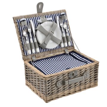 [casa.pro]® Piknik kosár - 4 személyes - evőeszköz, pohár, tányér (kék/fehér)