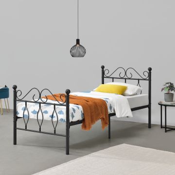 Fémkeretes ágy Apolda 90 x 200 cm porszórt (szinterezett) acél váz fekete, matt dekoratív fej-és lábrész egyszemélyes ágy [en.casa]®