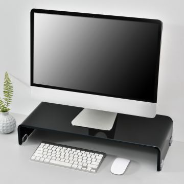 Monitor alátét monitortartó állvány üveg fényes fekete, lakkozott 60 x 25 x 11 cm [en.casa]