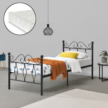 [en.casa]®  Fémkeretes ágy Apolda 90 x 200 cm porszórt (szinterezett) acél váz fekete, matt dekoratív fej-és lábrész egyszemélyes ágy hideghabos matraccal
