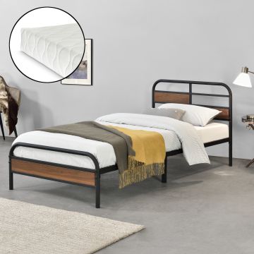 Fémkeretes ágy Aarau 90 x 200 cm szinterezett acél, 200 Kg fekete ágyráccsal 1 személyes hideghabos matraccal [en.casa]® 
