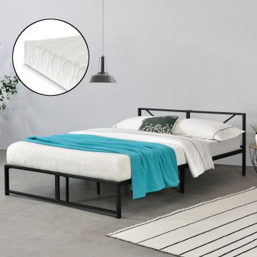 Fémkeretes ágy Meran 140 x 200 cm szinterezett acél, 300 Kg fekete ágyráccsal karc-és ütésmentes, kopásálló 1 személyes hideghabos matraccal  [en.casa]®