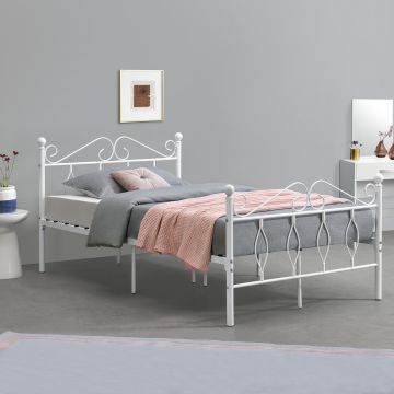 Fémkeretes ágy Apolda 120 x 200 cm porszórt (szinterezett) acél váz fehér, matt dekoratív fej-és lábrész egyszemélyes ágy [en.casa]®