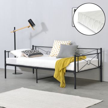 Fémkeretes ágy Alvesta 90x200 cm egyszemélyes dizájn ágykeret hideghabos matraccal ágyráccsal acélváz fekete, mat [en.casa]® 