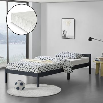 Ágykeret Nakkila ágyráccsal és matraccal fenyőfa 90x200 cm egyszemélyes egyszerű faágy fejtámlával matt sötétszürke [en.casa]® 