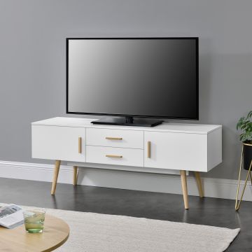 TV-állvány 140 x 40 x 56 cm TV-szekrény 2 szekrényajtóval és 2 fiókkal fa tartólábakkal komód forgácslap fehér [en.casa]®