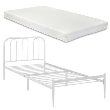 Fémkeretes ágy Hanko ágyráccsal és matraccal 90x200cm fehér szinterezett [en.casa]®