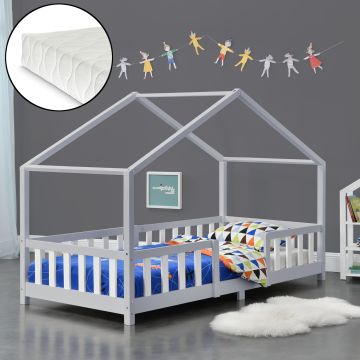 Házikó gyerekágy Treviolo leesésgátlóval matraccal 90x200 cm világosszürke/fehér [en.casa]