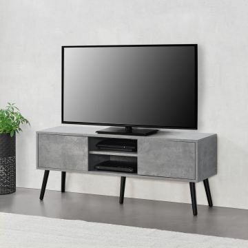 TV-állvány Eskilstuna 120 x 29,5 x 46,5 cm TV-szekrény polccal tévéasztal ajtóval forgácslap tömör fa lábakkal beton-hatású/fekete [en.casa]® 