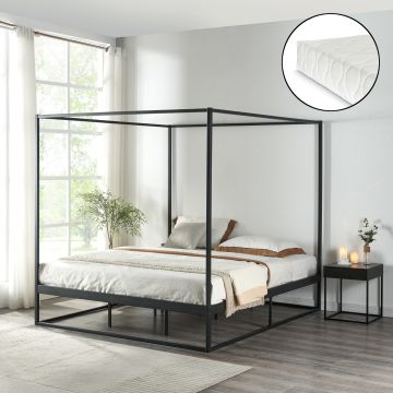 Baldachinos ágy Kristianstad matraccal 160x200 cm fekete [en.casa]