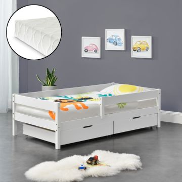 Gyerekágy Borgarnes tároló fiókkal kiesés elleni védelemmel ágyráccsal és matraccal fehér 200 x 90 cm [en.casa] 