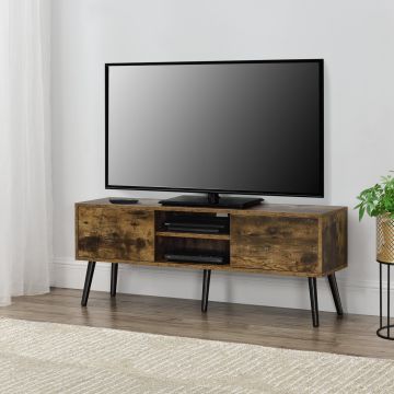 TV-állvány Eskilstuna 120 x 29,5 x 46,5 cm TV-szekrény polccal tévéasztal ajtóval forgácslap tömör fa lábakkal fa-hatású, sötét árnyalat [en.casa]® 