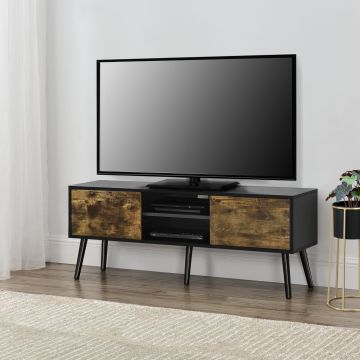 TV-állvány Eskilstuna S 120 x 29,5 x 46,5 cm TV-szekrény polccal tévéasztal ajtóval forgácslap tömör fa lábakkal fekete/fa-hatású, sötét árnyalat [en.casa]® 
