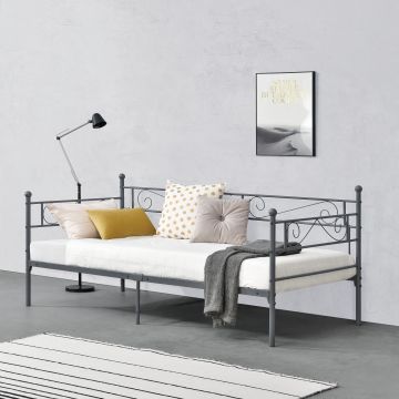Egyszemélyes fém ágy Kerava 90x200 cm acélváz, szinterezett 200 Kg dekoratív fej-és lábrész sötétszürke, matt fém ágyráccsal [en.casa]® 