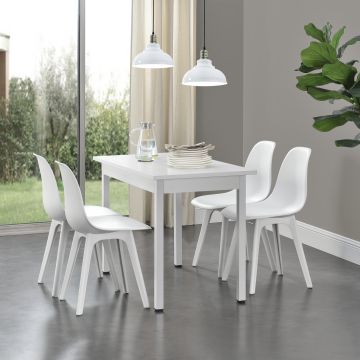 [en.casa]® Étkezőgarnitúra étkezőasztal 120cm x 60cm x 75cm székekkel étkező szett konyhai asztal 4 műanyag székkel 83x54x48 cm fehér