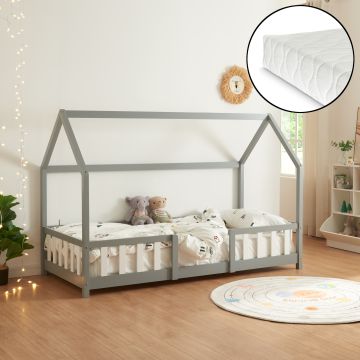 Házikó gyerekágy Sisimiut 90x200 cm matraccal világosszürke/fehér [en.casa]