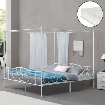 Baldachinos ágy hideghabos  matraccal Finström 180 x 200 cm acél kétszemélyes ágy matt fehér [en.casa] 