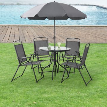 Kerti bútorszett Milagro 1 x asztal 4 x összecsukhatók székek 1 x napernyő fekete/sötétszürke [en.casa] 